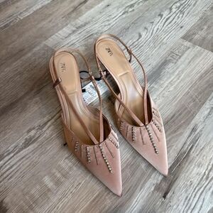 Zara Tan and Silver Rhinestone Pointed Toe Slingback Heels